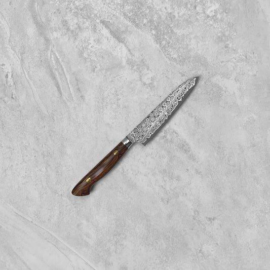 Nigara Hamono Anmon "Raindrop Damascus" SG2 Ironwood Western Petty 150mm